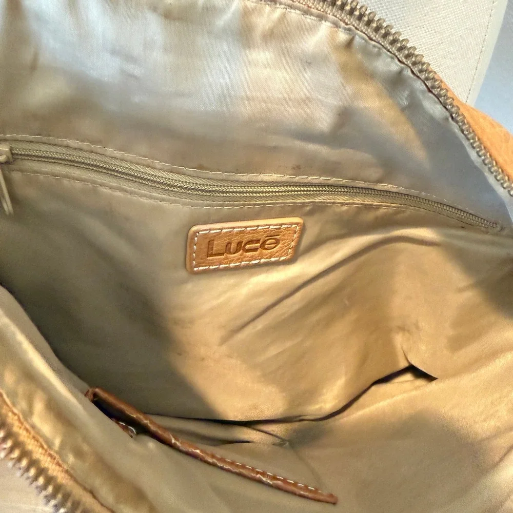 Luce Tan Pebbled Leather Crossbody Bag Multi Pocket Striped Strap Shoulder Bag